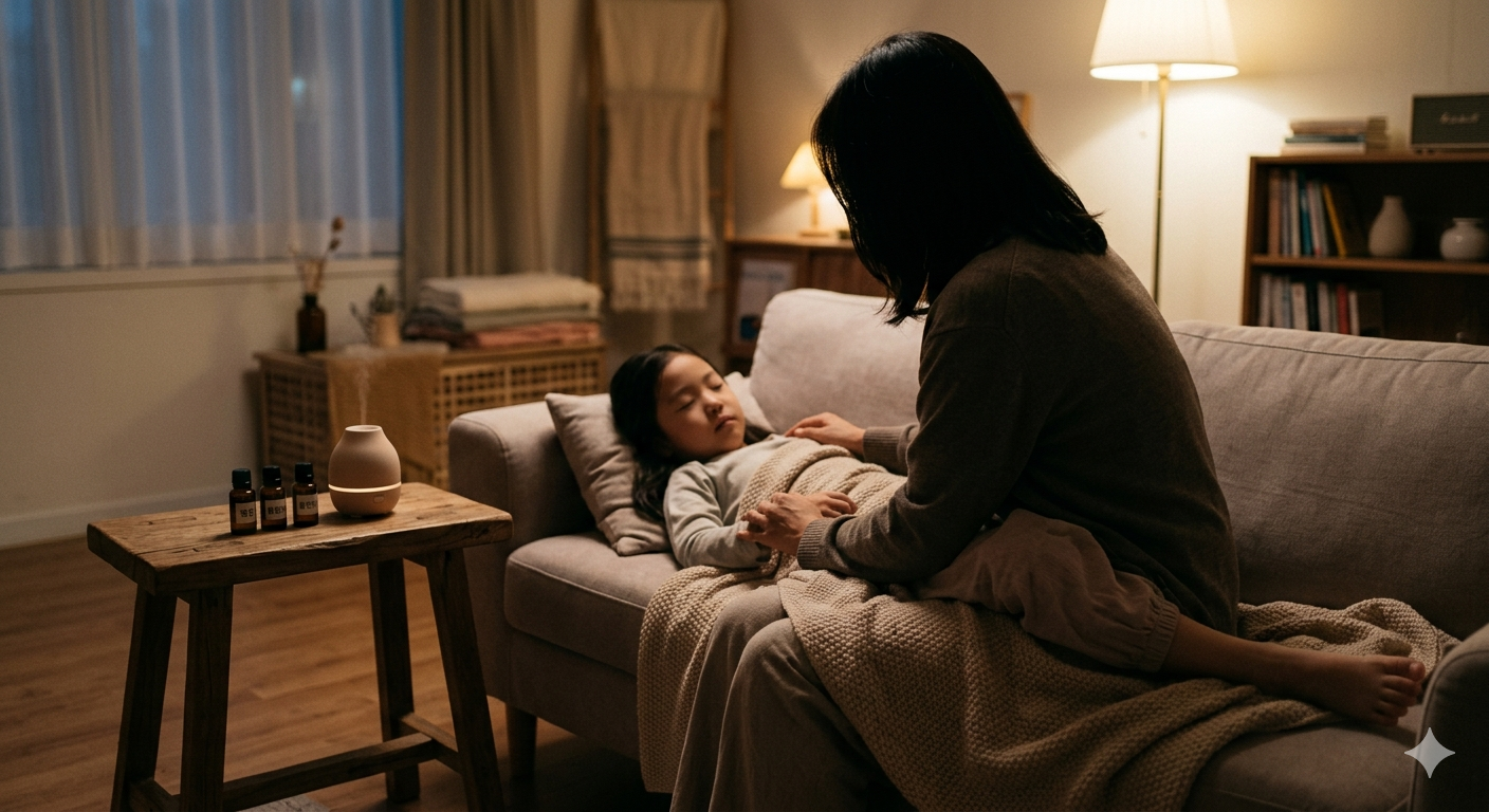 뇌전증 홈케어 아로마 진정 루틴 중 함께 호흡하는 모습