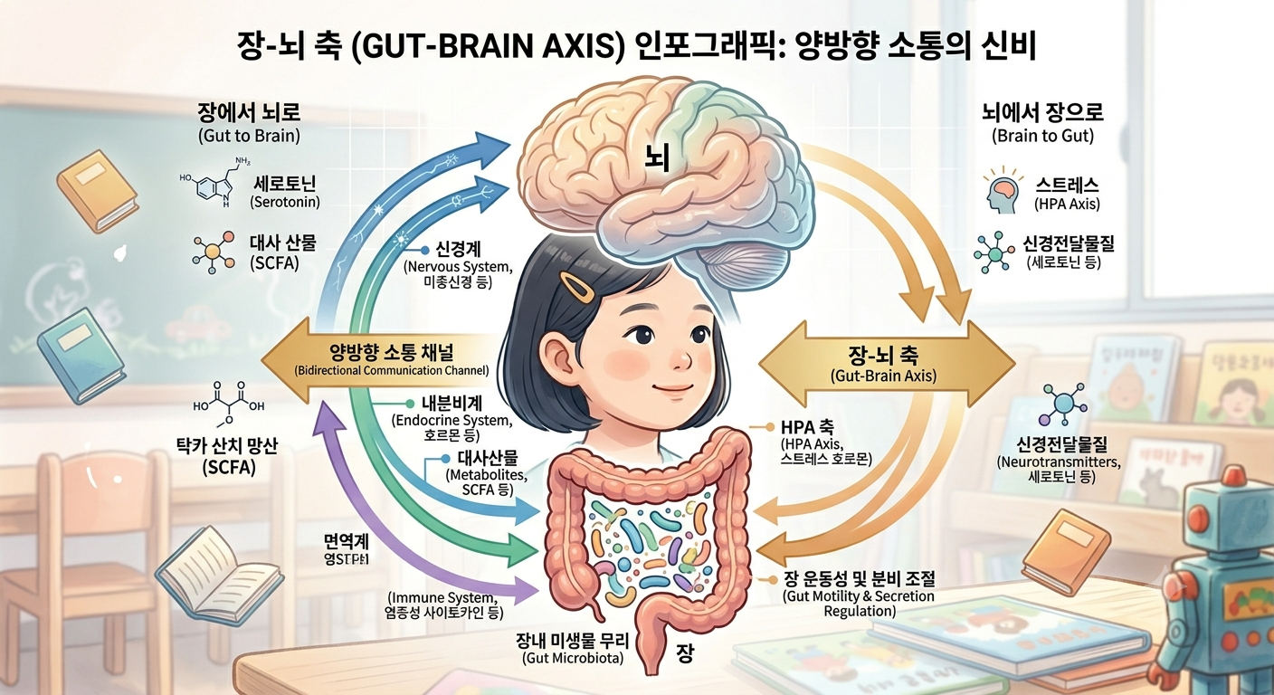 장-뇌 축과 원인 모를 발작의 연결을 보여주는 도식
