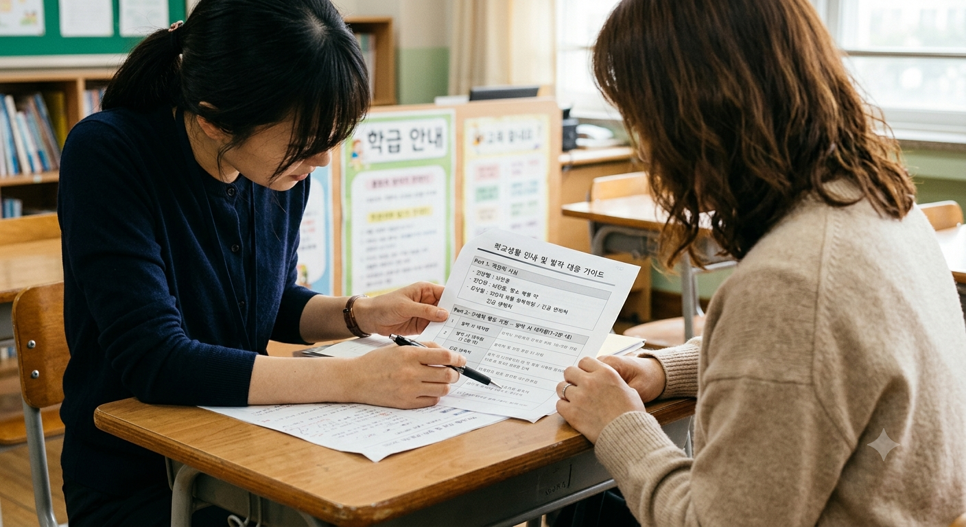학교 발작 대처 가이드를 교사에게 전달하는 학부모 상담 장면