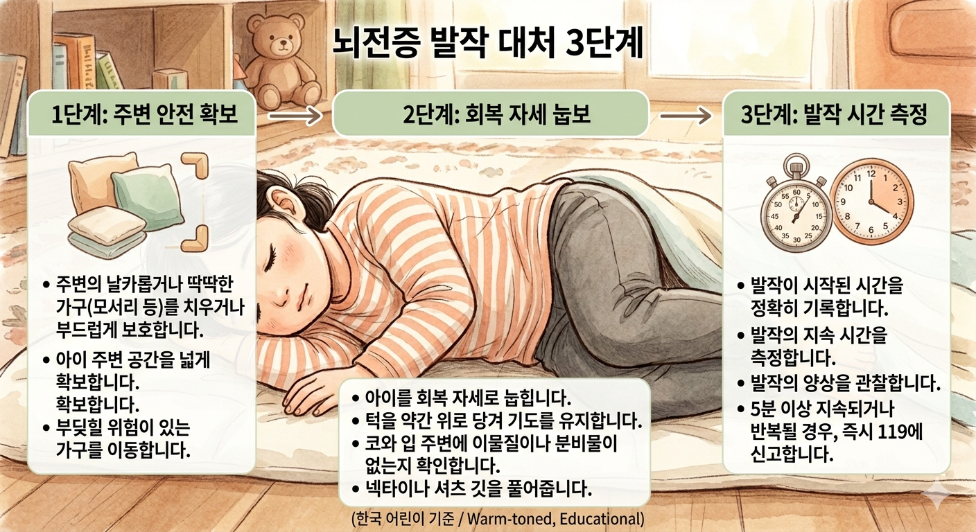 발작대처방법 3단계 안전확보 기도확보 시간측정 도식