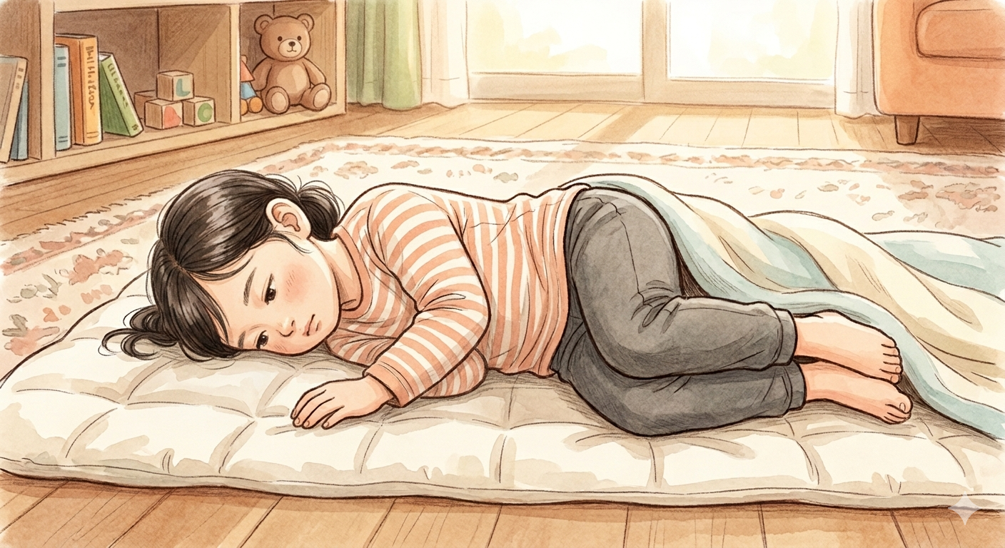 발작대처방법 회복 자세로 아이를 옆으로 눕힌 모습