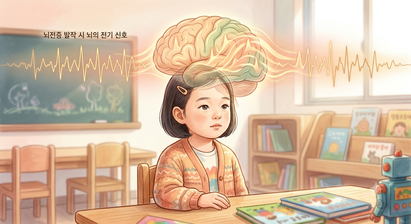 원인 모를 발작과 뇌의 전기 신호를 표현한 의료 일러스트