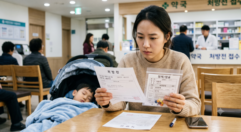 뇌전증 약 복용 중인 아이의 감기약 처방전을 확인하는 부모