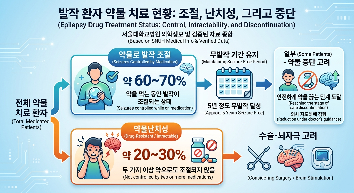 뇌전증 약 평생 복용과 중단 비율을 비교한 도표