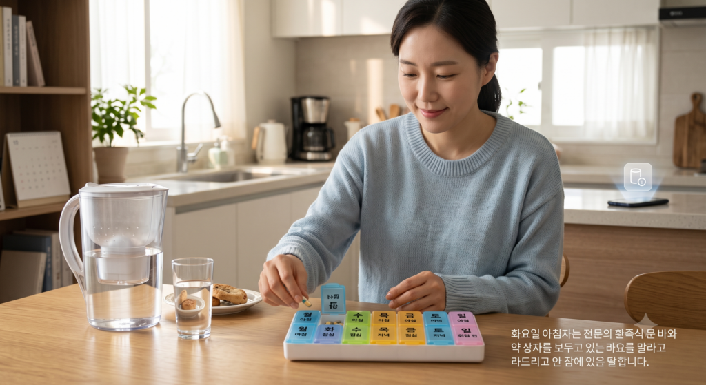요일별 약 상자와 아침 루틴 이미지