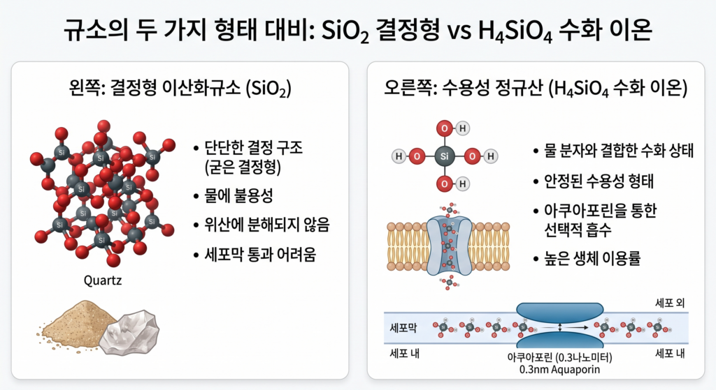 수용성 규소수의 정규산 이온화 구조와 결정형 규소 비교 도식