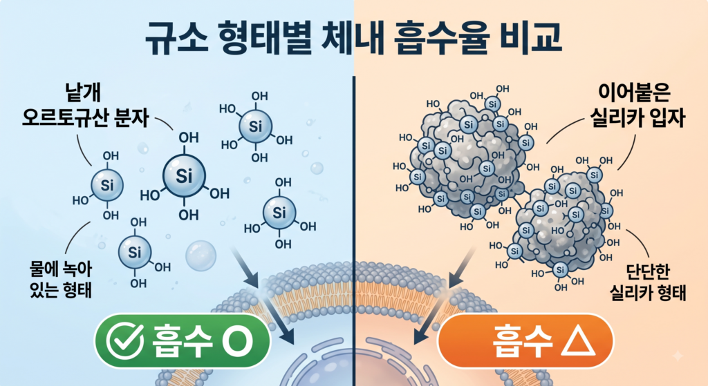 오르토규산 단량체와 중합된 실리카 입자의 흡수 차이 비교