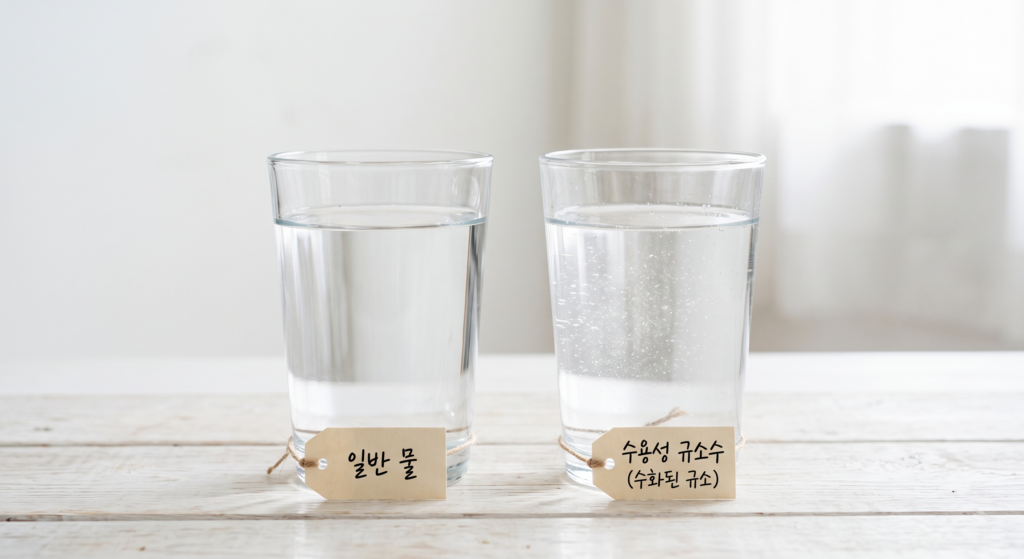 수용성 규소수와 일반 정수기 물을 나란히 비교한 두 잔의 물