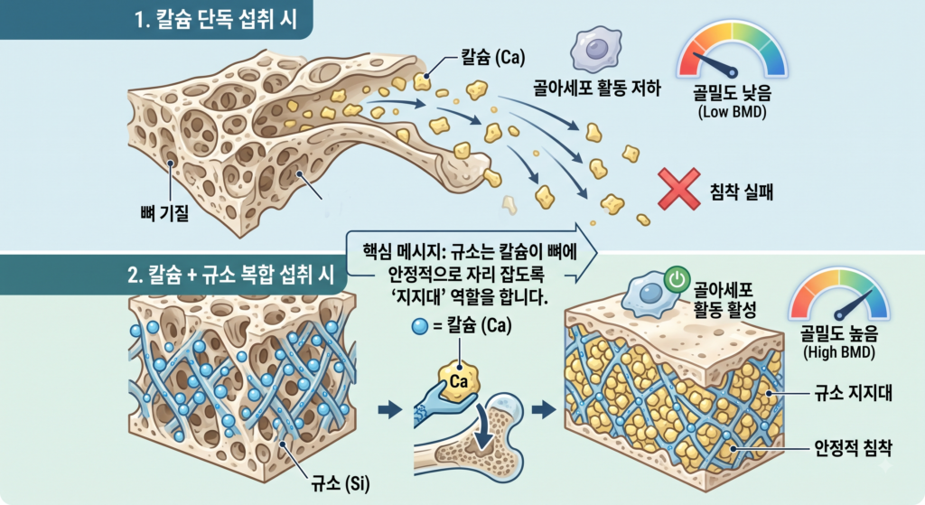 규소와 칼슘이 뼈 골밀도에 작용하는 원리 그래픽