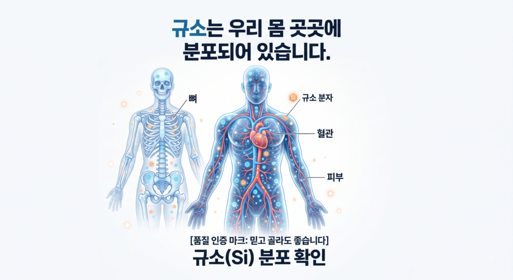 규소 하루 필요량과 체내 소모량을 보여주는 미네랄 일러스트
